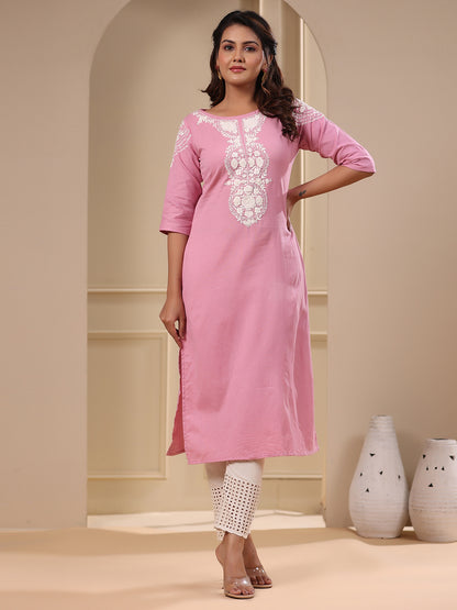 Floral Chikankari & Sequin Embroidered Straight Fit Kurta - Pink