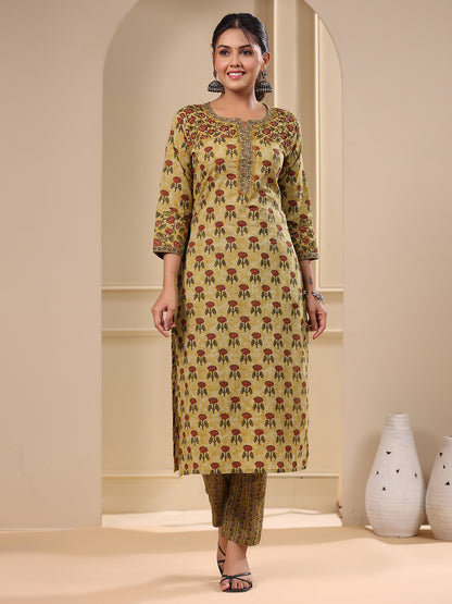 Floral Ethnic Printed & Sequin Embroidered Straight Kurta with Pant - Green