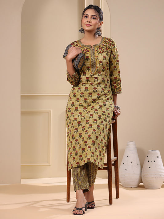 Floral Ethnic Printed & Sequin Embroidered Straight Kurta with Pant - Green