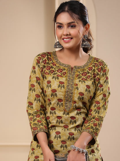 Floral Ethnic Printed & Sequin Embroidered Straight Kurta with Pant - Green