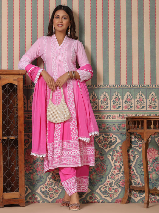 Ombre Dyed & Chikankari Embroidered Anarkali Kurta with Pant & Dupatta - Pink