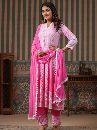 Ombre Dyed & Chikankari Embroidered Anarkali Kurta with Pant & Dupatta - Pink
