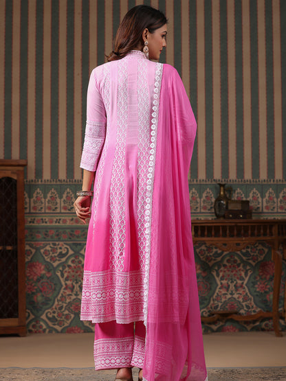 Ombre Dyed & Chikankari Embroidered Anarkali Kurta with Pant & Dupatta - Pink