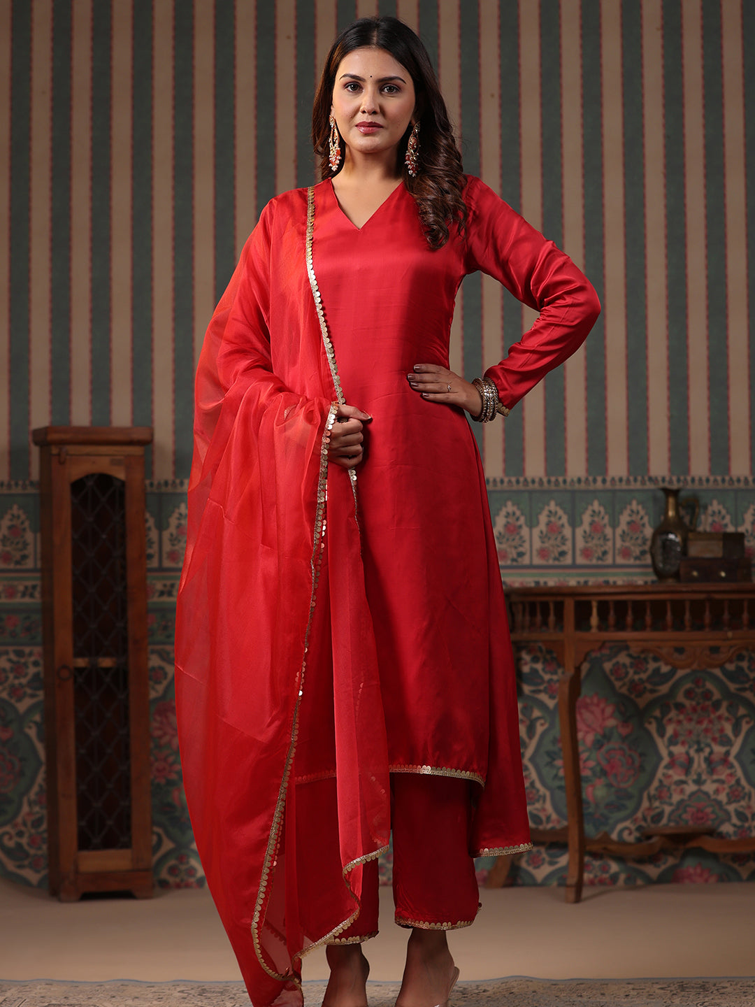 Solid Sequin Embroidered A-Line High-Low Kurta with Palazzo & Dupatta - Maroon