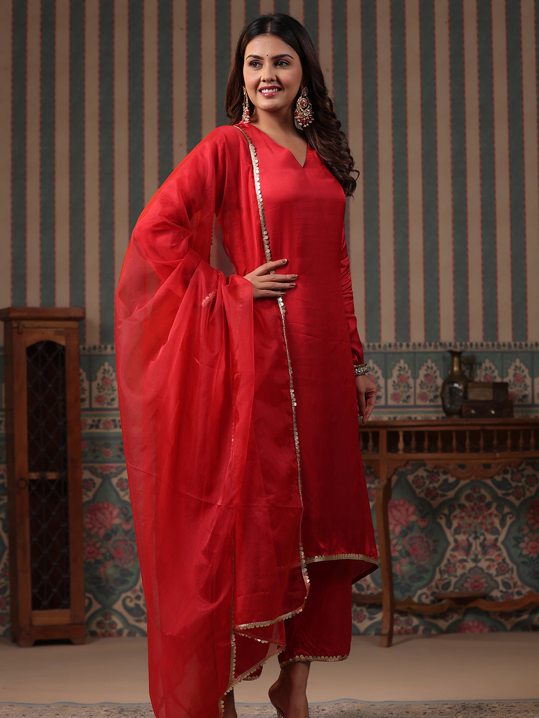 Solid Sequin Embroidered A-Line High-Low Kurta with Palazzo & Dupatta - Maroon