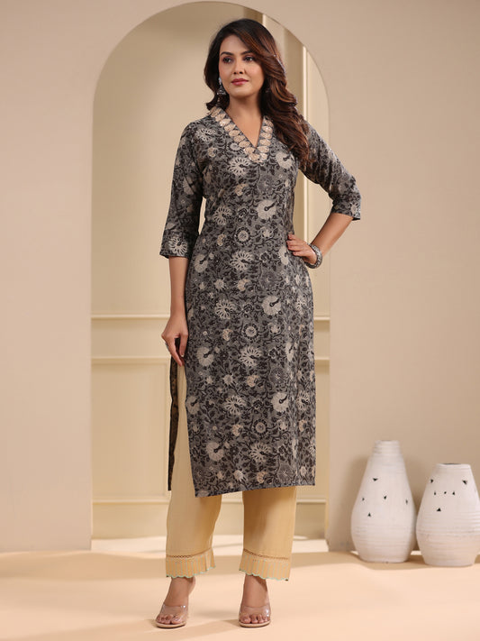 Ethnic Floral Foil Printed & Embroidered Straight Fit Kurta - Grey