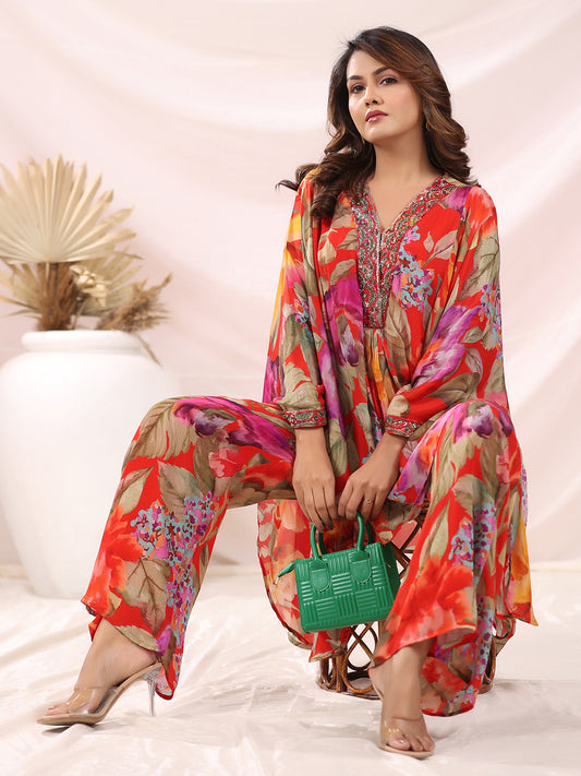 Floral Printed Mirror & Sequins Embroidered Kaftan with Palazzo Indo-Western Co-ord Set - Multi