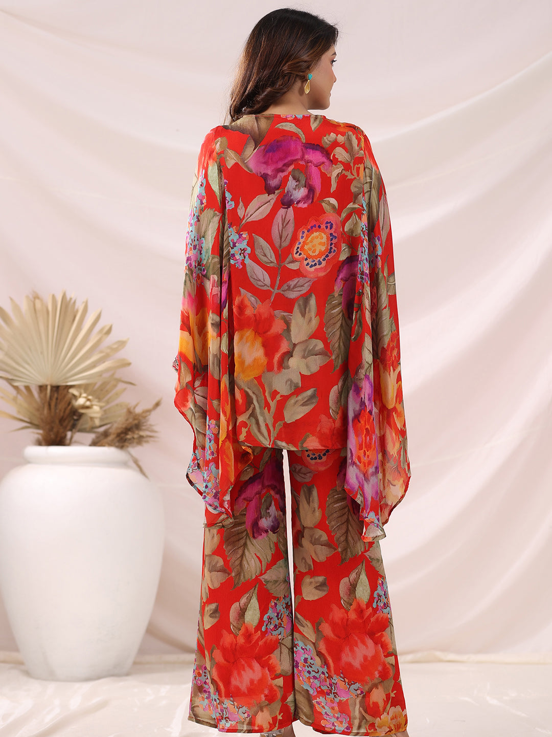 Floral Printed Mirror & Sequins Embroidered Kaftan with Palazzo  Indo-Western Co-ord Set - Multi