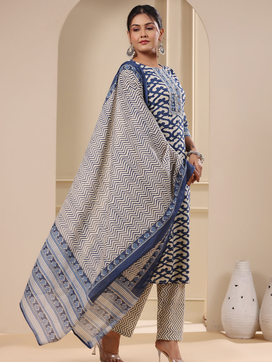 Abstract Printed Sequins Embellished Kurta with Chevron Pants & Dupatta - Blue