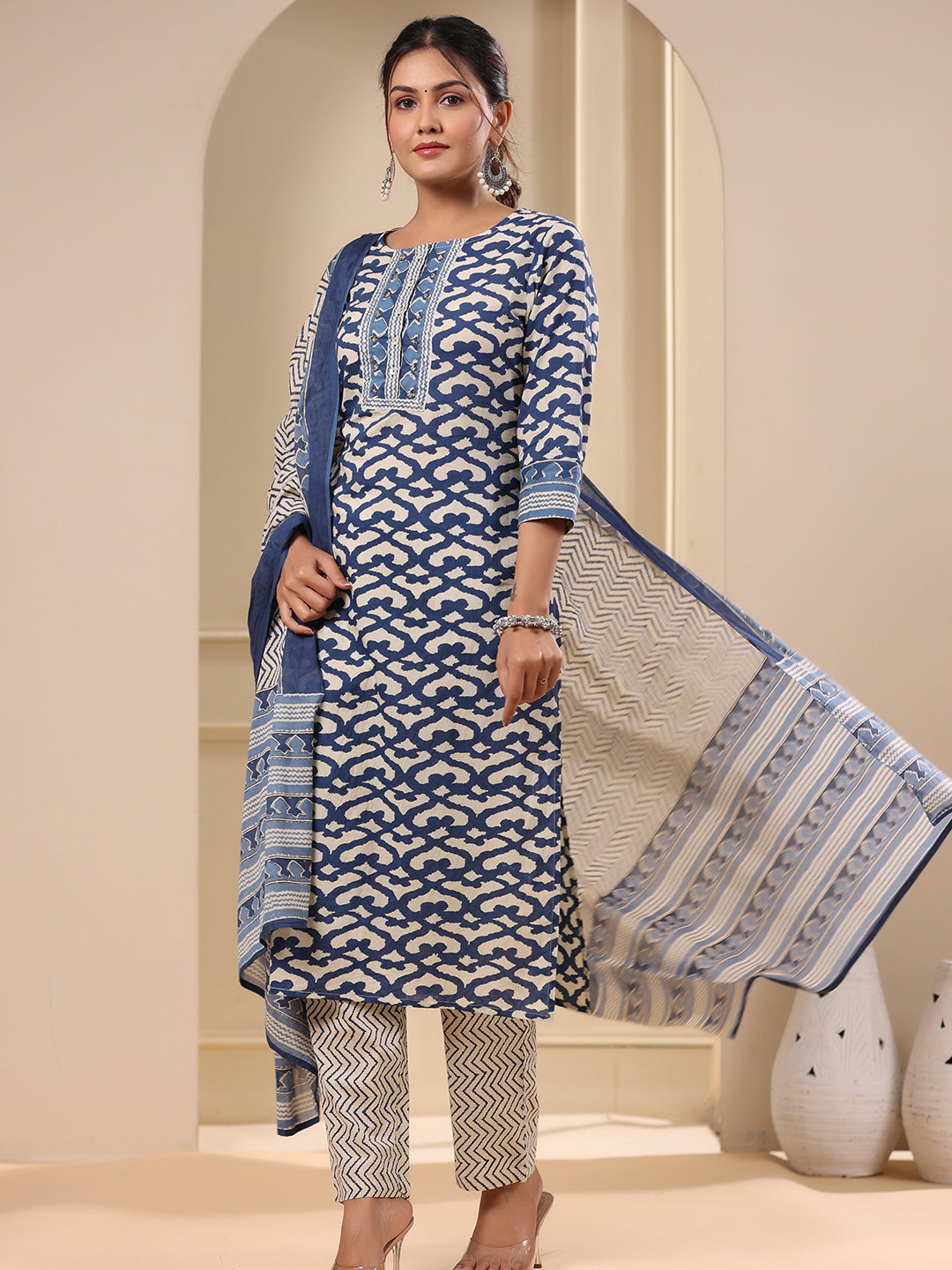 Abstract Printed Sequins Embellished Kurta with Chevron Pants & Dupatta - Blue