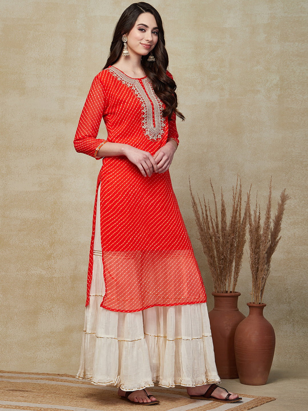 Leheriya Printed & Ethinc Dori Embroidered Straight Fit Kurta - Orange