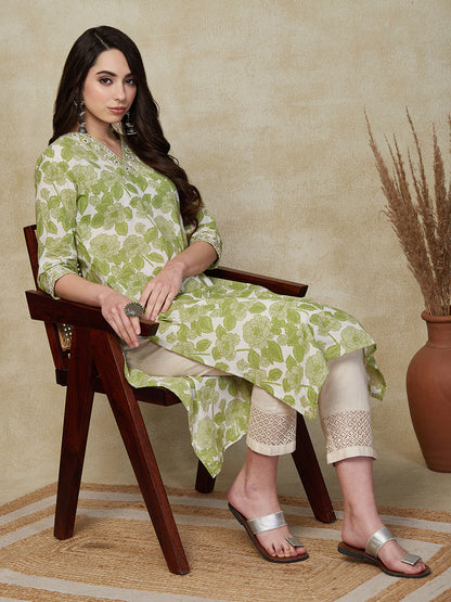 Ethnic Printed & Embroidered Straight Fit Kurta - Green