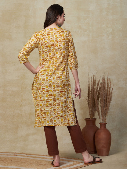 Ethnic Floral Printed & Zari Embroidered Straight Fit Kurta - Yellow