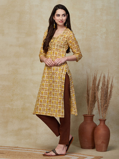 Ethnic Floral Printed & Zari Embroidered Straight Fit Kurta - Yellow