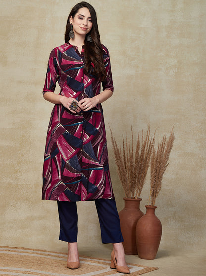 Abstract Printed Golden Buttons Embellished A-line Kurta - Multi & Pink