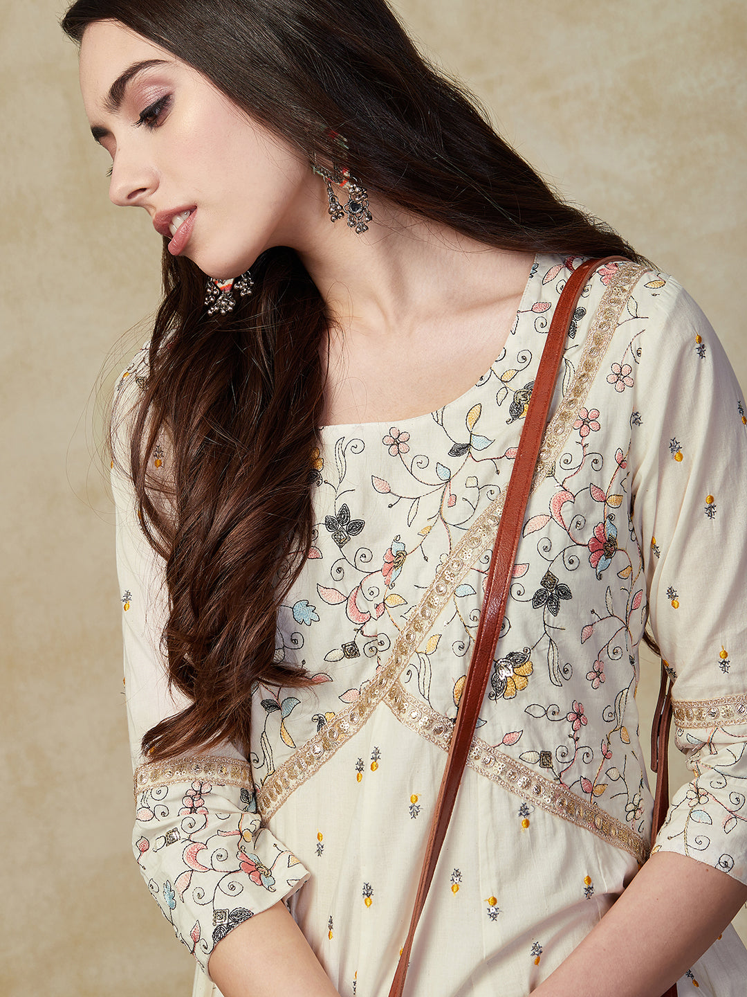 Floral Resham & Sequin Embroidered Anarkali Kurta with Pant - Off White