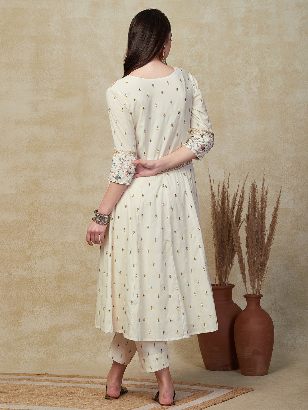 Floral Resham & Sequin Embroidered Anarkali Kurta with Pant - Off White