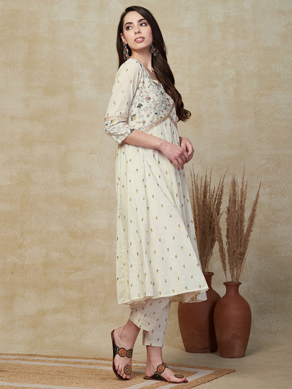 Floral Resham & Sequin Embroidered Anarkali Kurta with Pant - Off White