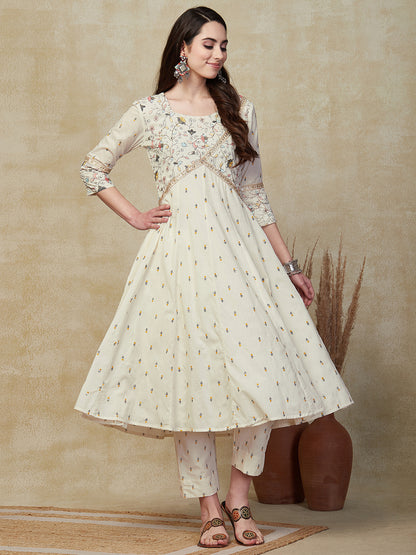 Floral Resham & Sequin Embroidered Anarkali Kurta with Pant - Off White