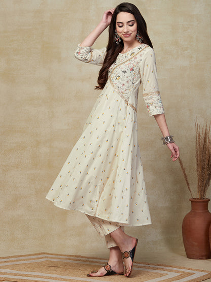 Floral Resham & Sequin Embroidered Anarkali Kurta with Pant - Off White