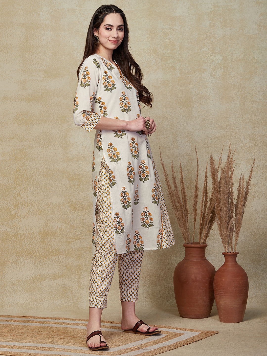 Floral Block Printed A-Line Paneled Kurta with Pant - White