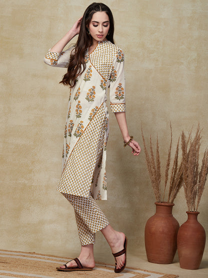 Floral Block Printed A-Line Paneled Kurta with Pant - White