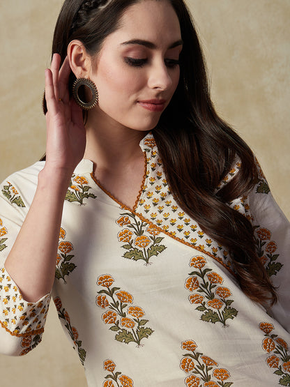 Floral Block Printed A-Line Paneled Kurta with Pant - White