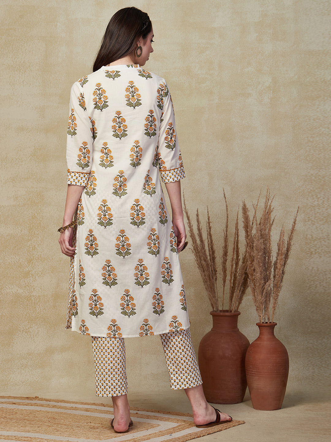 Floral Block Printed A-Line Paneled Kurta with Pant - White