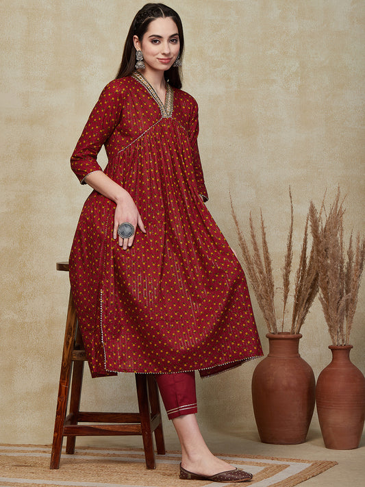 Floral Printed & Lurex Striped Embroidered A-Line Pleated Kurta with Pant - Rust