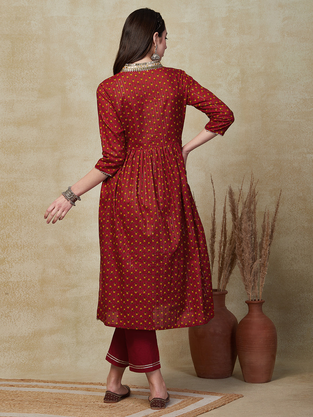 Floral Printed & Lurex Striped Embroidered A-Line Pleated Kurta with Pant - Rust