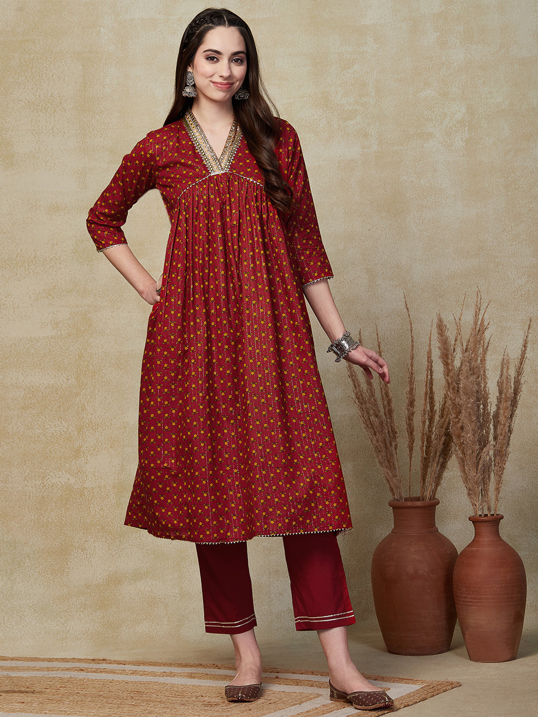 Floral Printed & Lurex Striped Embroidered A-Line Pleated Kurta with Pant - Rust