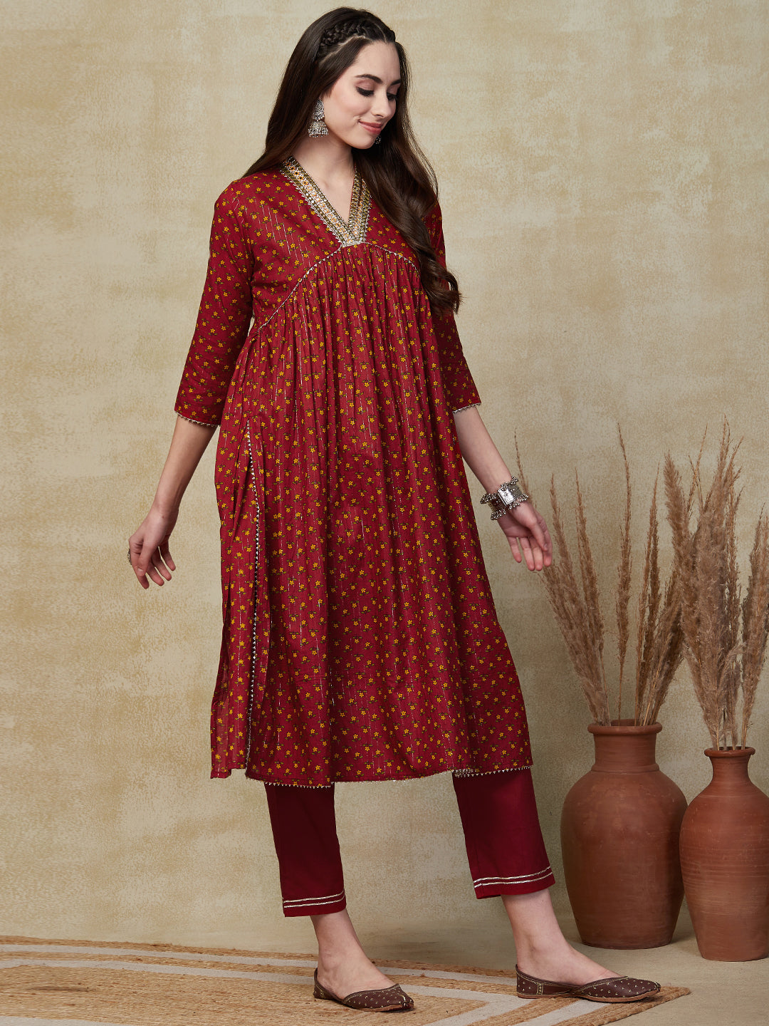 Floral Printed & Lurex Striped Embroidered A-Line Pleated Kurta with Pant - Rust