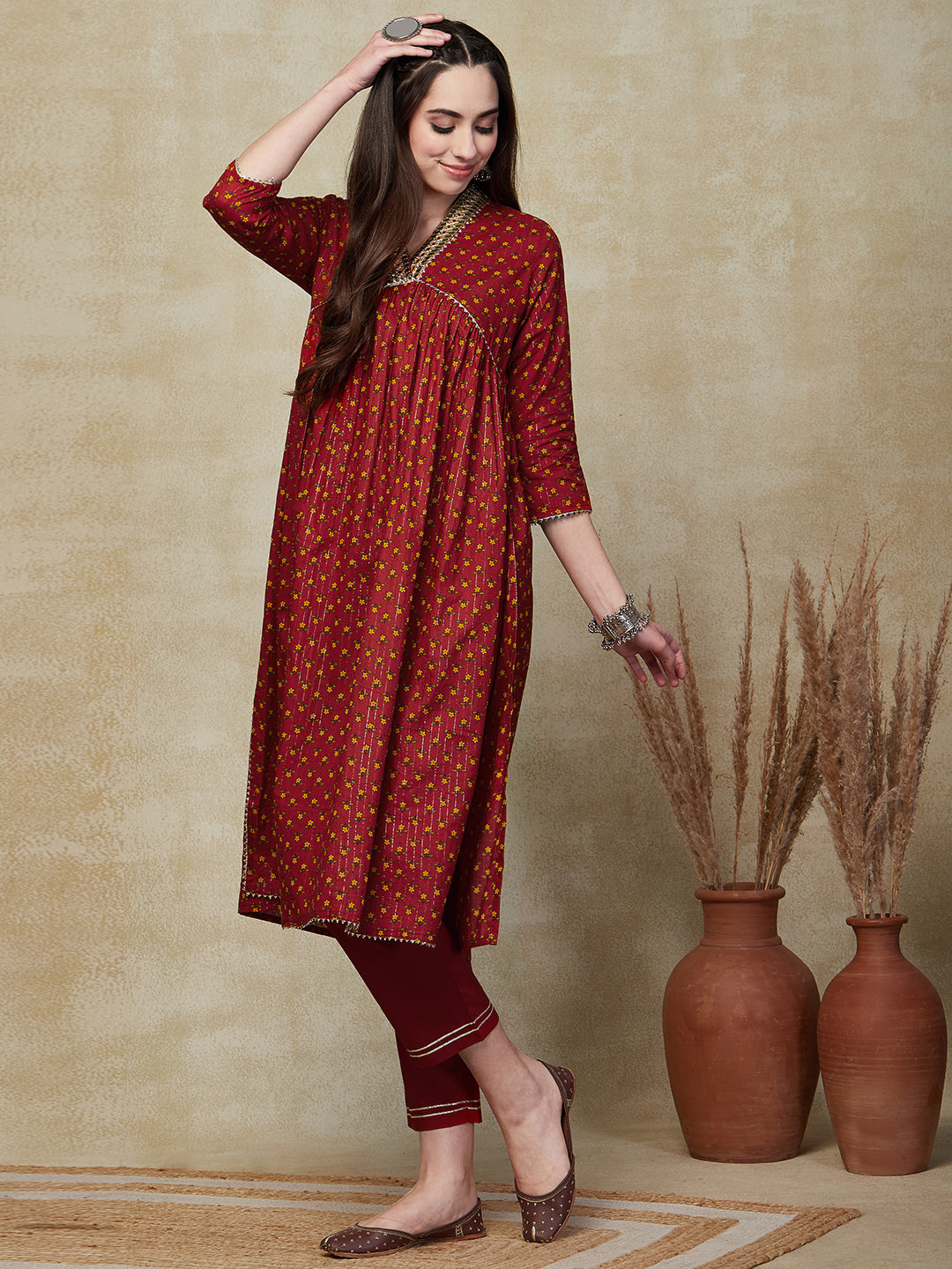 Floral Printed & Lurex Striped Embroidered A-Line Pleated Kurta with Pant - Rust