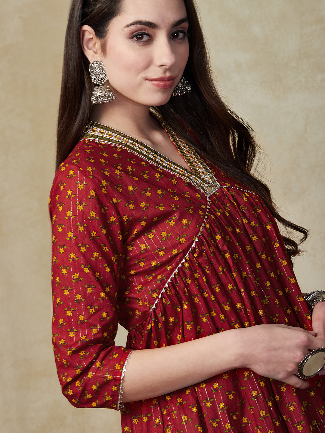 Floral Printed & Lurex Striped Embroidered A-Line Pleated Kurta with Pant - Rust