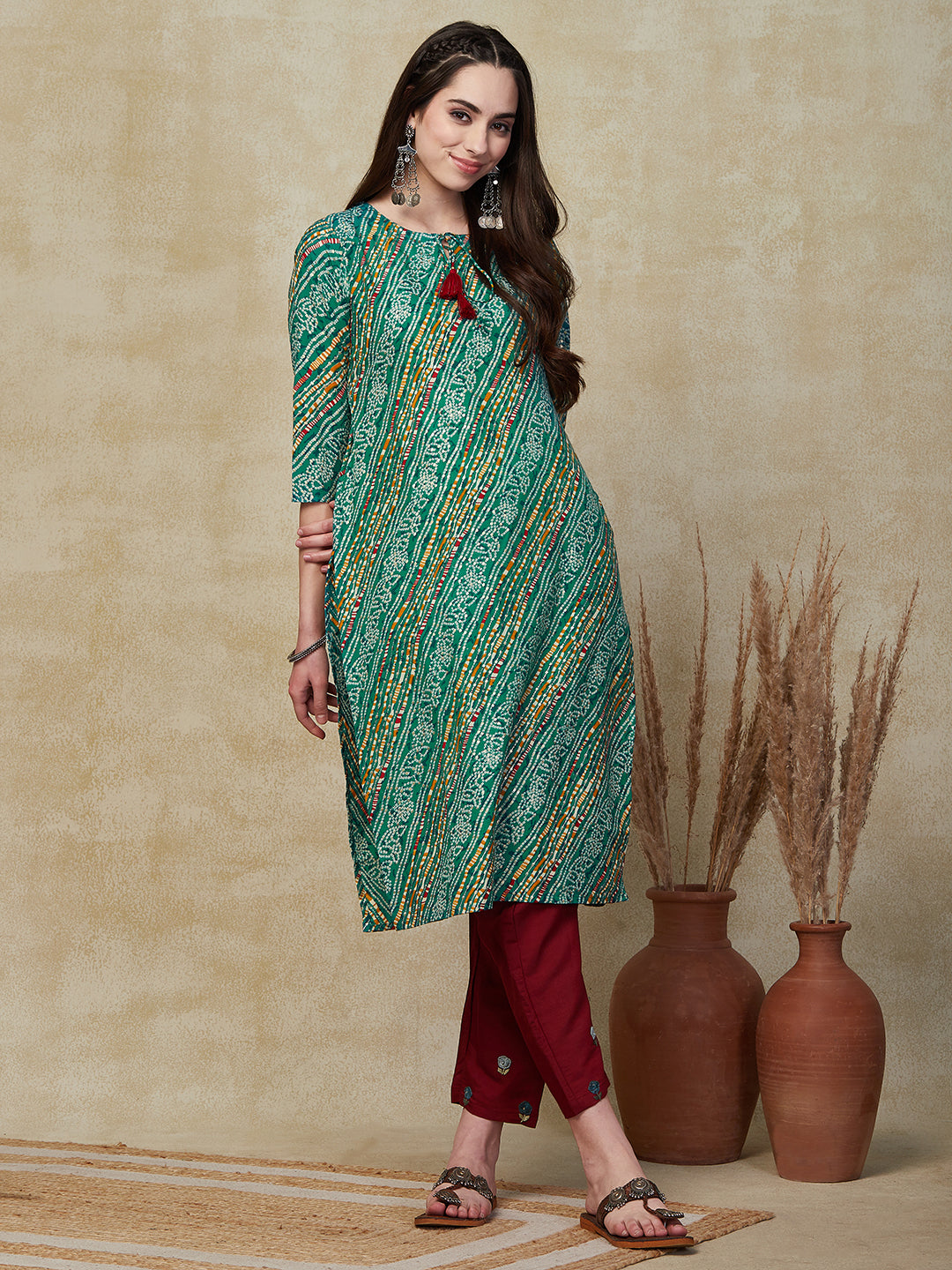 Asymmetric printed kurta hot sale with tassels