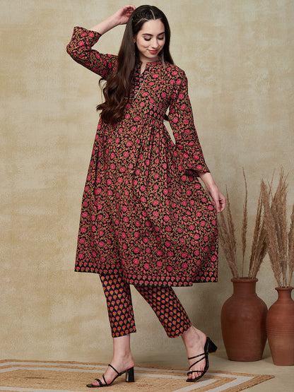 Floral Printed & Embroidered A-Line Kurta with Pant - Black