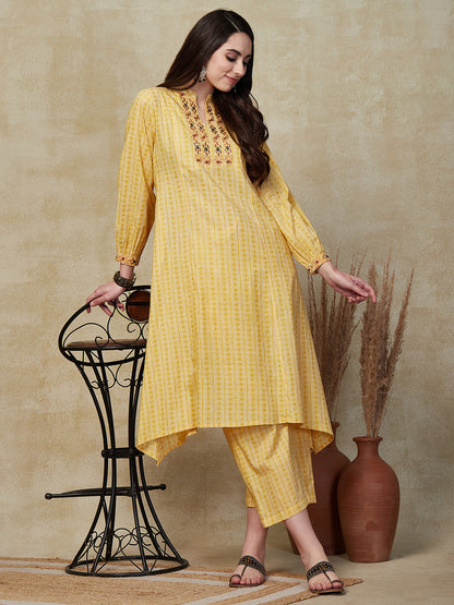 Ethnic Stripes Printed & Embroidered A-Line Kurta with Palazzo - Yellow
