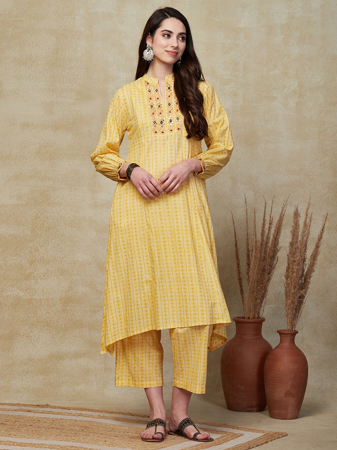 Ethnic Stripes Printed & Embroidered A-Line Kurta with Palazzo - Yellow