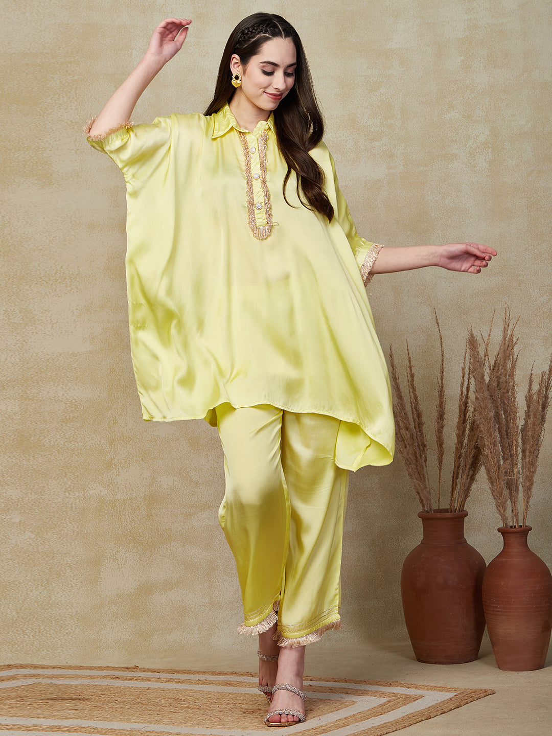 Solid Sequin Shimmer Fringe Laced Kaftan Kurta with Palazzo - Yellow