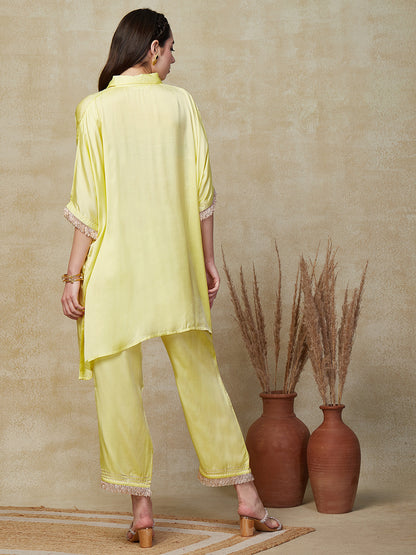 Solid Sequin Shimmer Fringe Laced Kaftan Kurta with Palazzo - Yellow