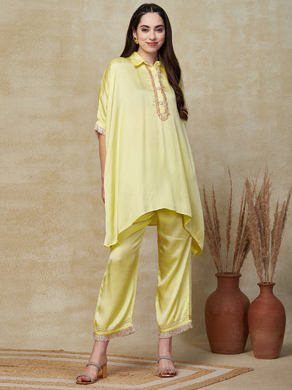 Solid Sequin Shimmer Fringe Laced Kaftan Kurta with Palazzo - Yellow