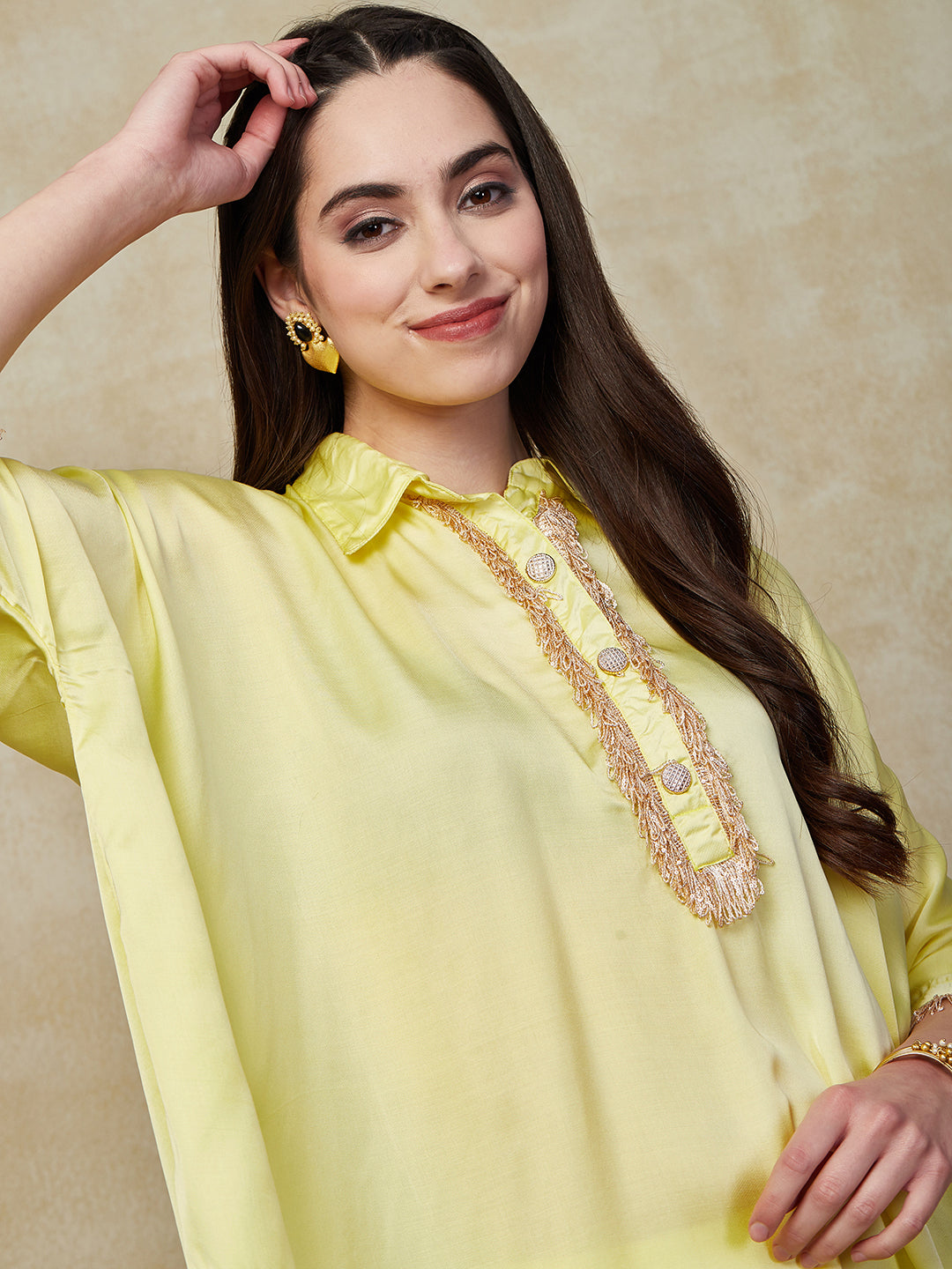 Solid Sequin Shimmer Fringe Laced Kaftan Kurta with Palazzo - Yellow