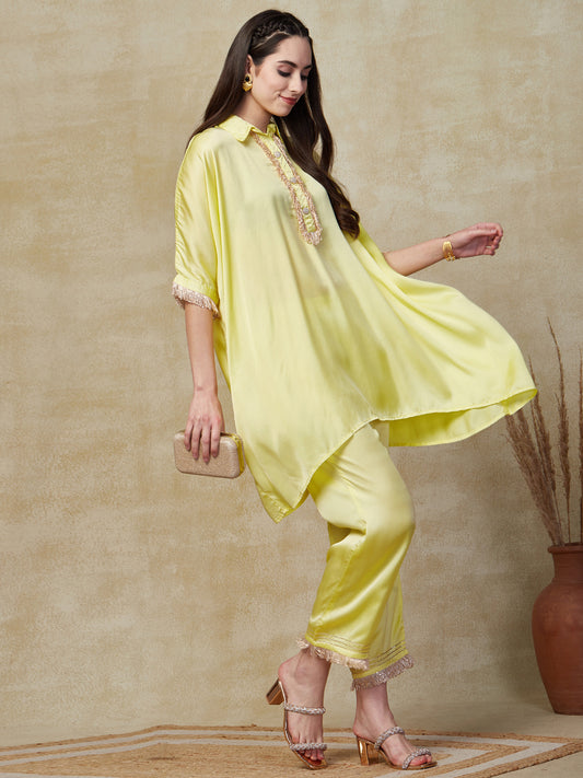 Solid Sequin Shimmer Fringe Laced Kaftan Kurta with Palazzo - Yellow