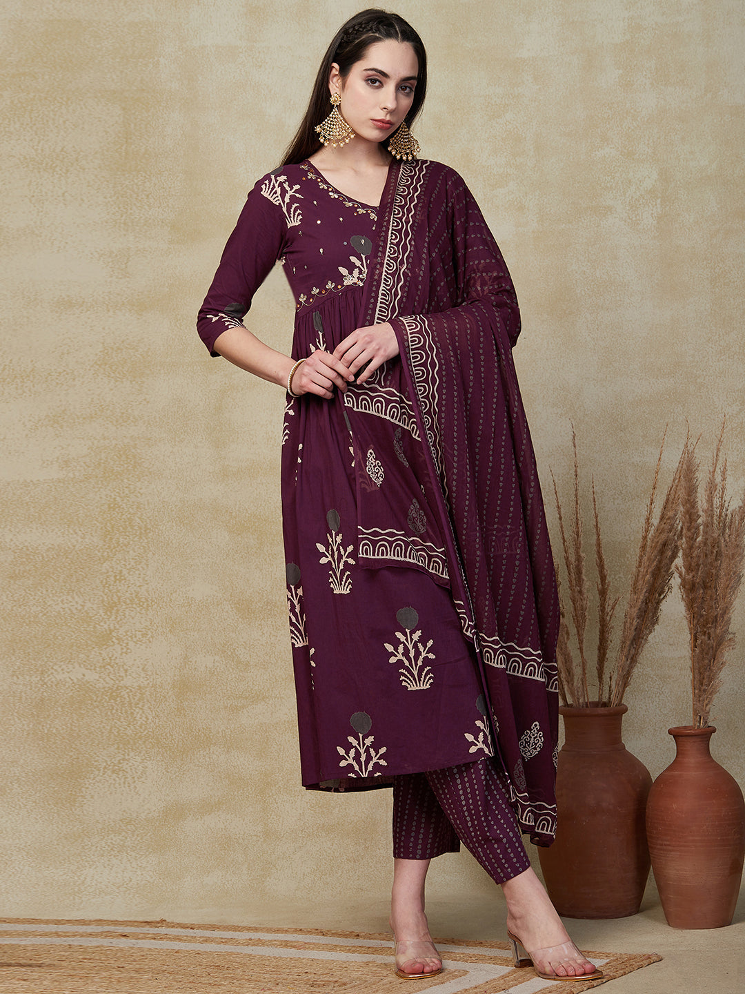 Ethnic Floral Printed & Embroidered A-Line Kurta with Pant & Dupatta - Purple