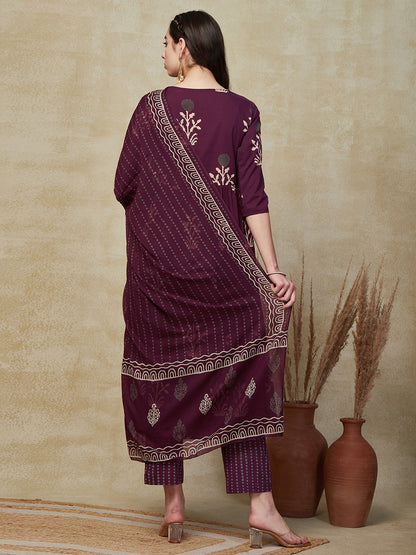Ethnic Floral Printed & Embroidered A-Line Kurta with Pant & Dupatta - Purple