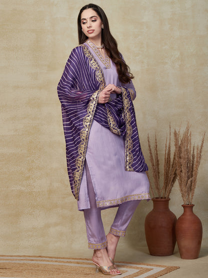 Solid Gota Patti Embroidered Straight Kurta with Pant & Leheriya Dupatta - Purple