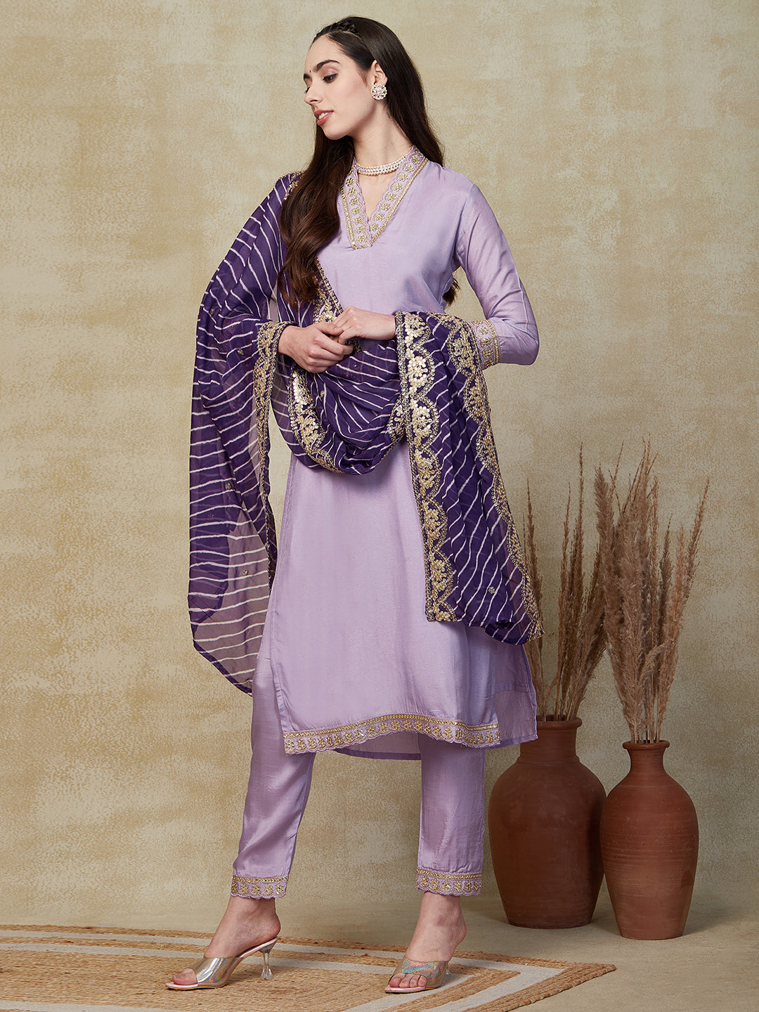 Solid Gota Patti Embroidered Straight Kurta with Pant & Leheriya Dupatta - Purple