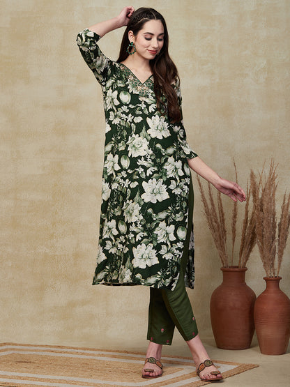 Floral Printed Mirror, Resham, Leather & Zari Embroidered Kurta - Green