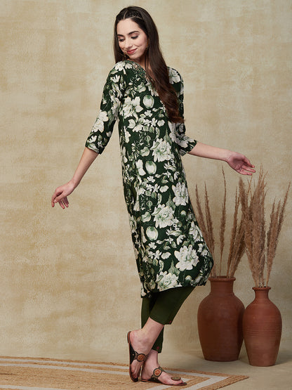 Floral Printed Mirror, Resham, Leather & Zari Embroidered Kurta - Green