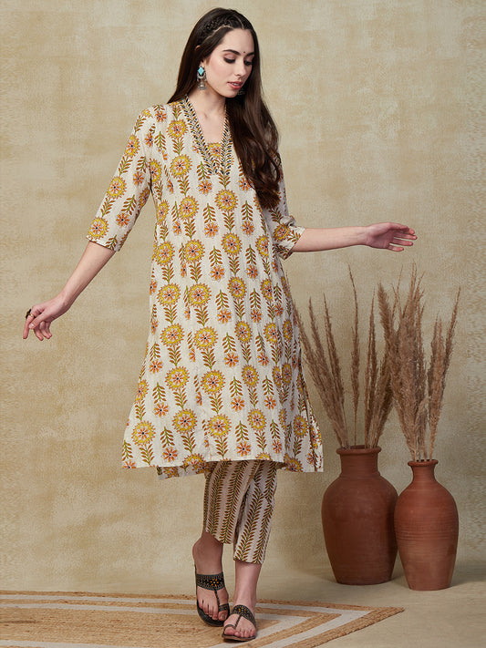 Floral Printed & Embroidered A-Line Kurta with Pant - Off White